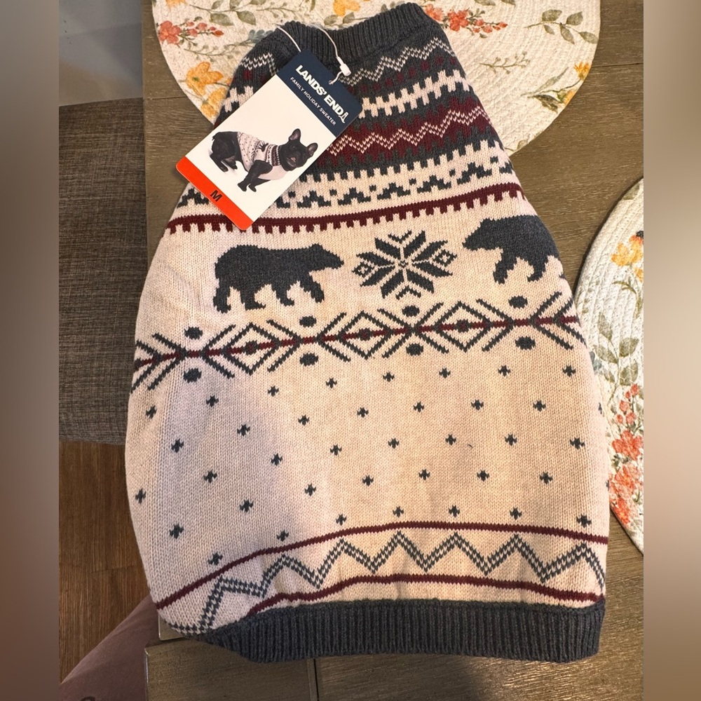 New w tags Lands' End Festive Dog Sweater in Cream and Red (m)